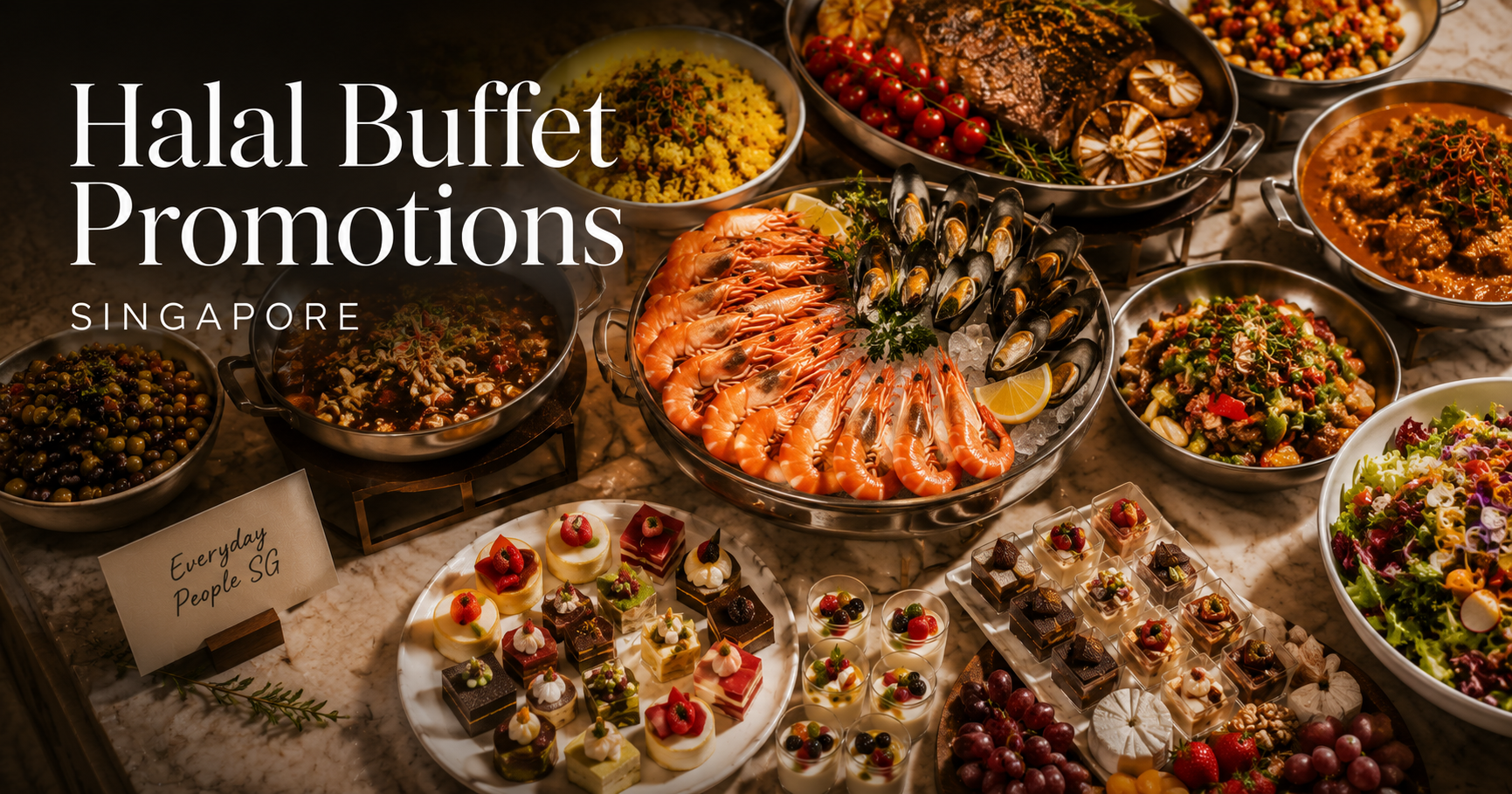 Editorial feature image showing a luxurious halal buffet spread with the words “Halal Buffet Promotions Singapore” overlaid in elegant typography.