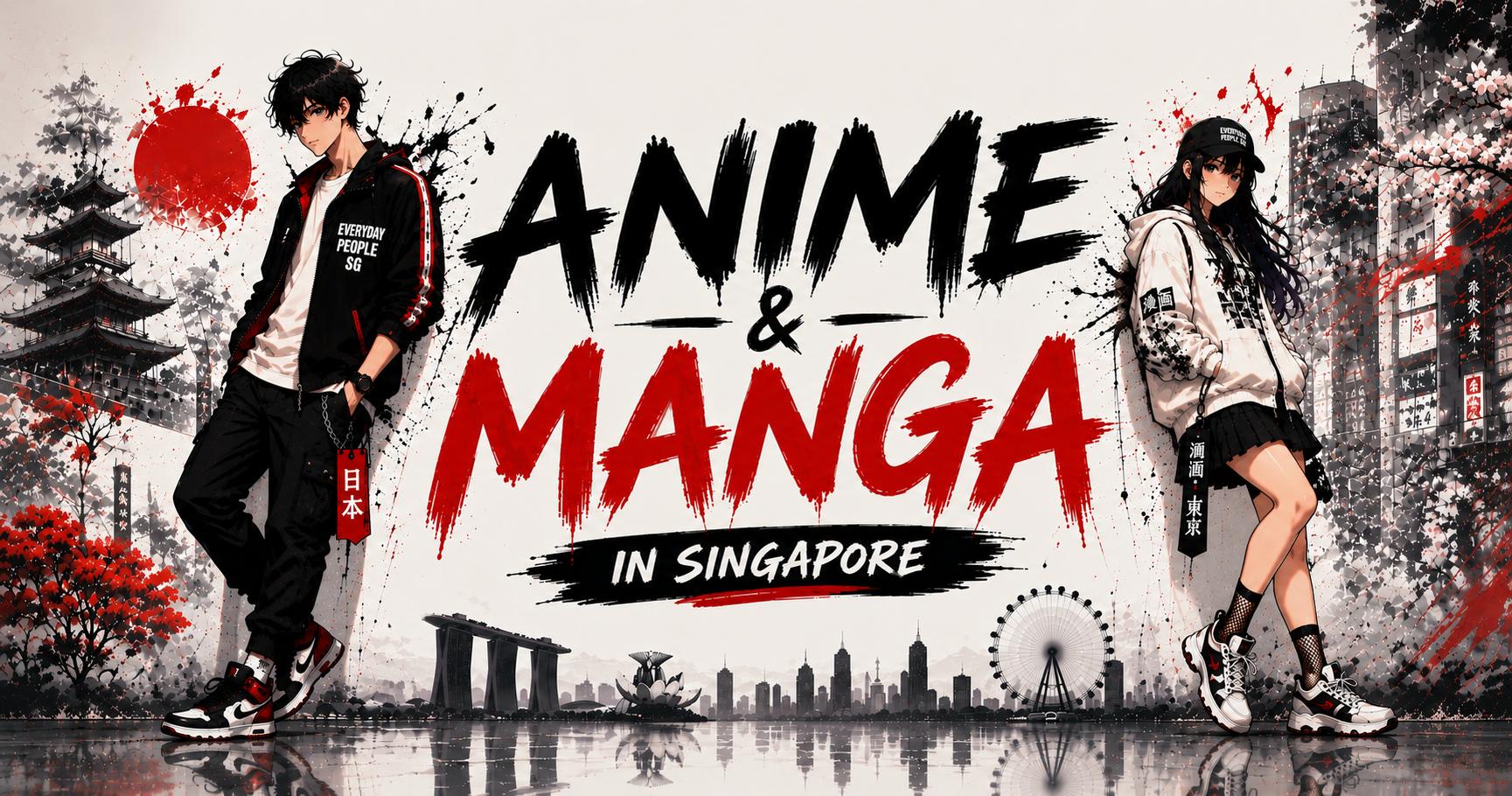 Anime-inspired illustration featuring two original anime characters with Singapore landmarks representing anime and manga in Singapore.