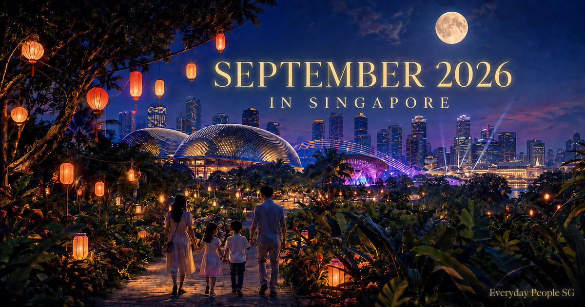 September 2026 events in Singapore illustrated with lanterns, a family, the Esplanade, a full moon and the city skyline